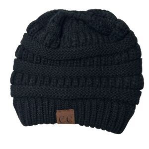 C.C. Black Cable Knit Pony Tail Hat.